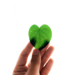Une personne calcule son empreinte carbone tout en tenant une feuille verte à la main.